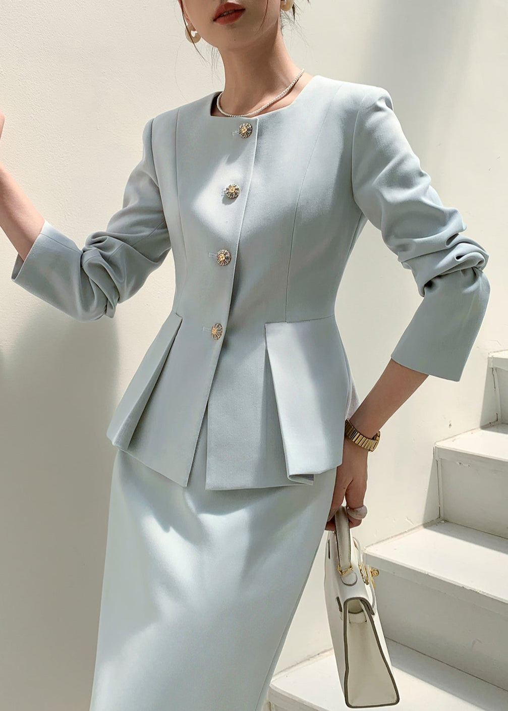 Square neck peplum skirt suit R12