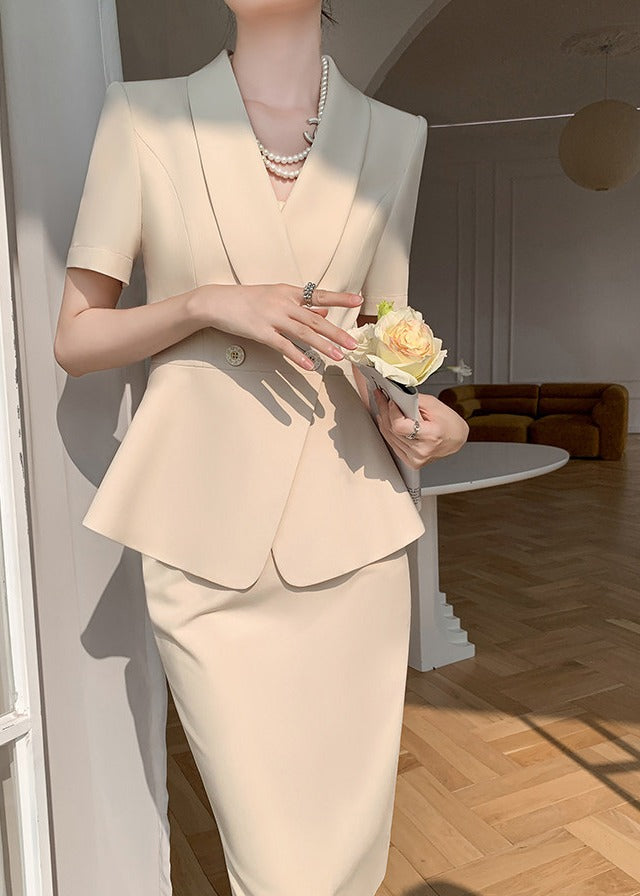 Short Sleeve V-Neck Blazer & Pencil Skirt Set R114
