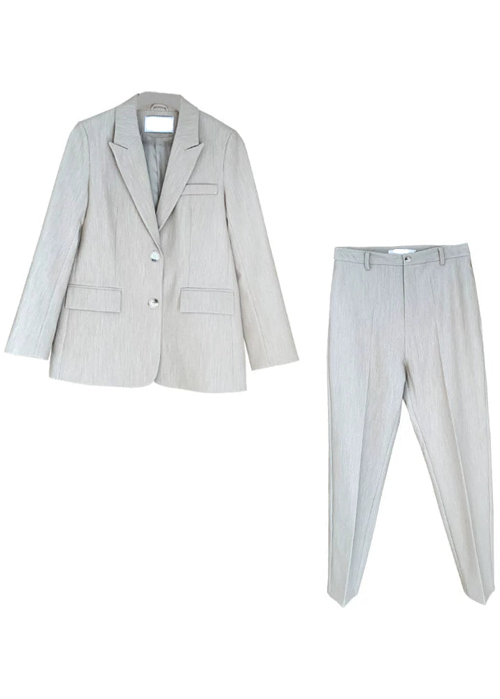 Beige Tailored Jacket & Cropped Straight Pants Suit Set R103