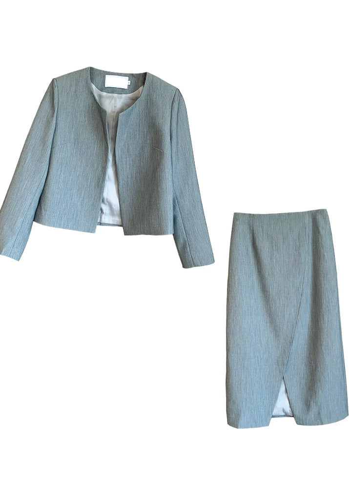 Collarless Jacket & Slit Midi Skirt Suit Set R102
