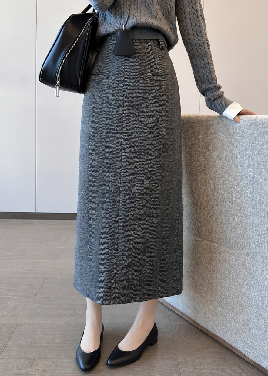 Herringbone Back Slit Midi Skirt　R194