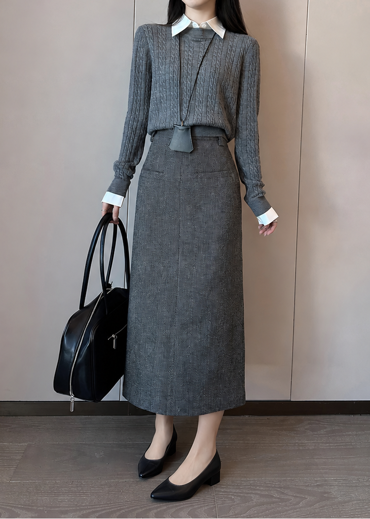 Herringbone Back Slit Midi Skirt　R194
