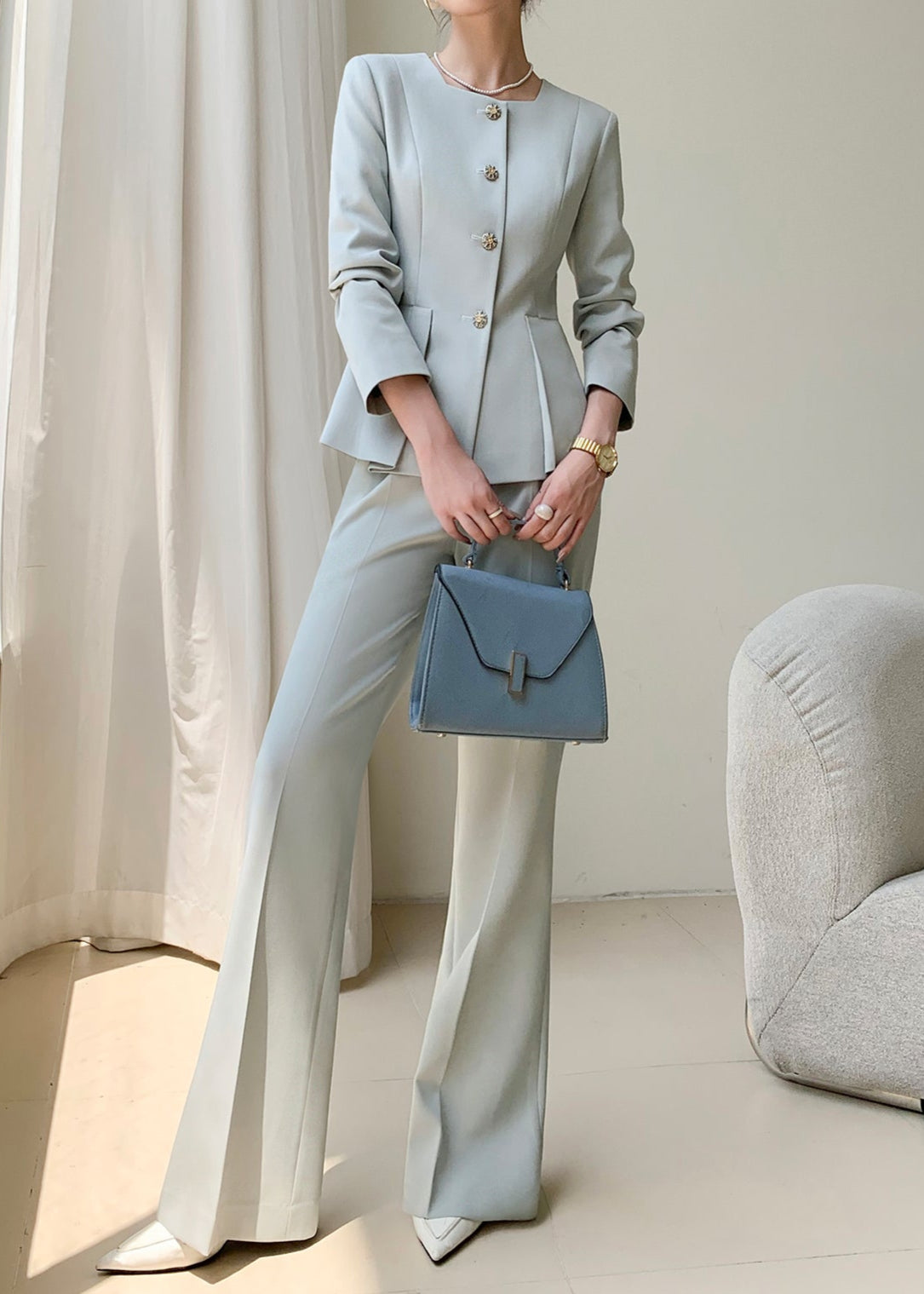 Square neck peplum pants suit  R11