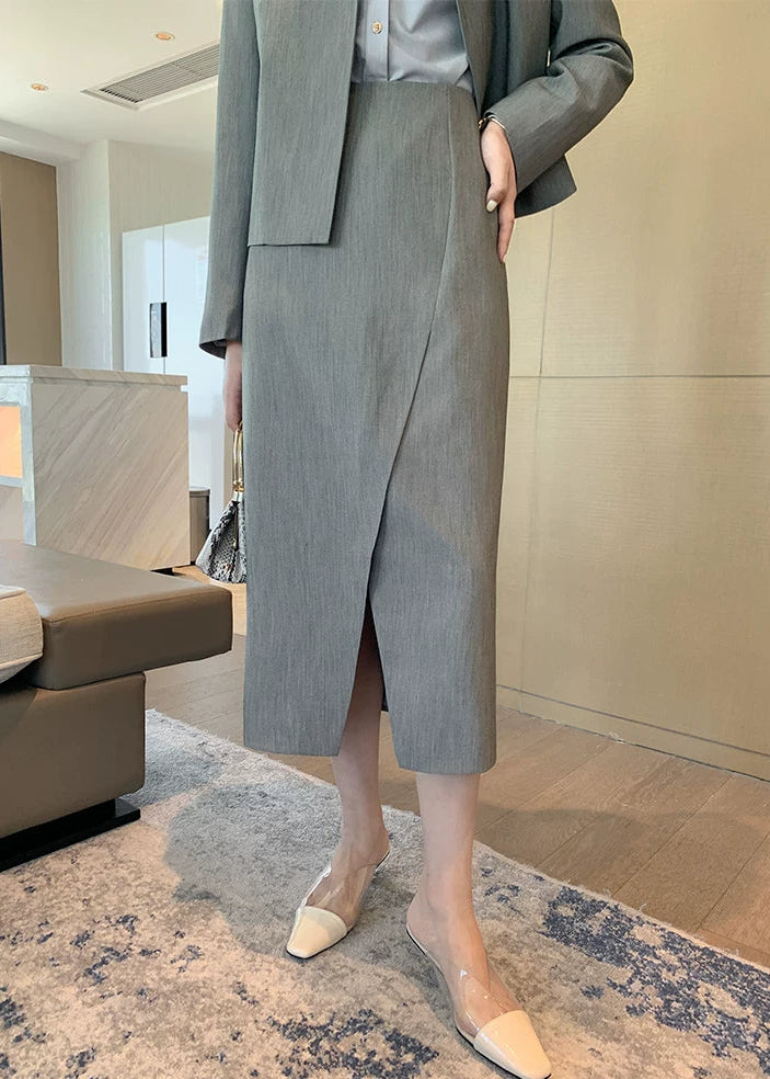 Collarless Jacket & Slit Midi Skirt Suit Set　R102