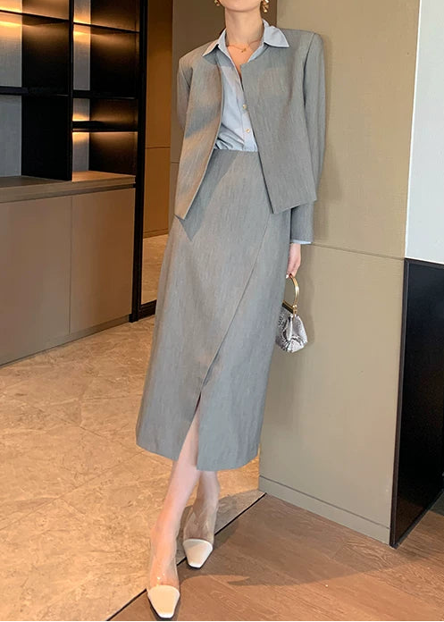 Collarless Jacket & Slit Midi Skirt Suit Set　R102