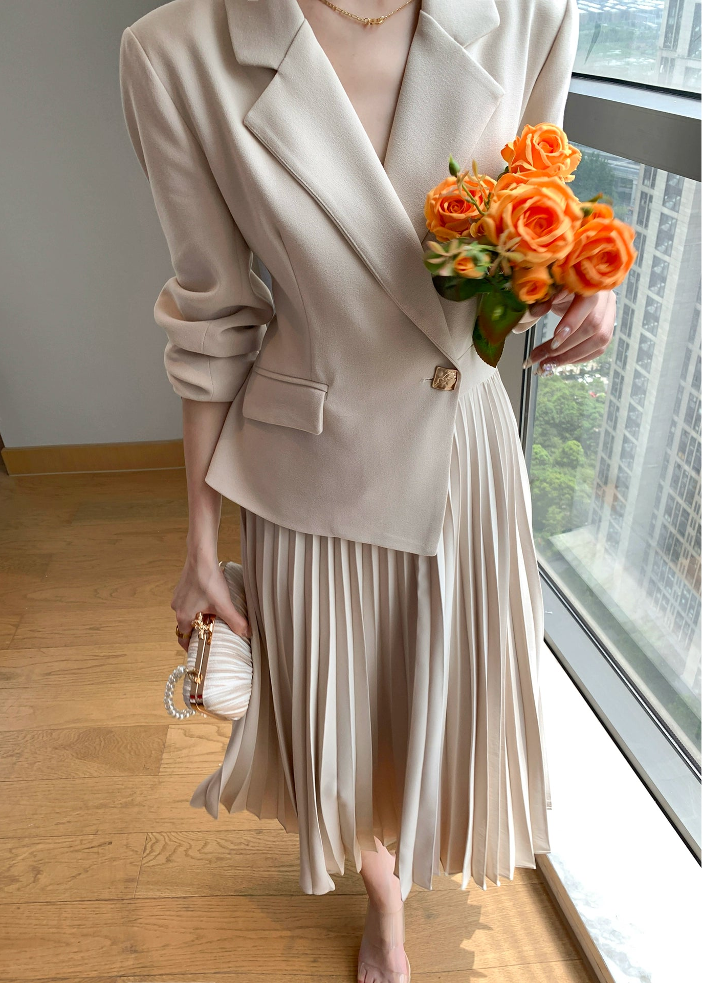 Pleated Combo Tailored Dress　R59