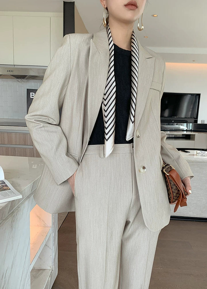 Beige Tailored Jacket & Cropped Straight Pants Suit Set　R103