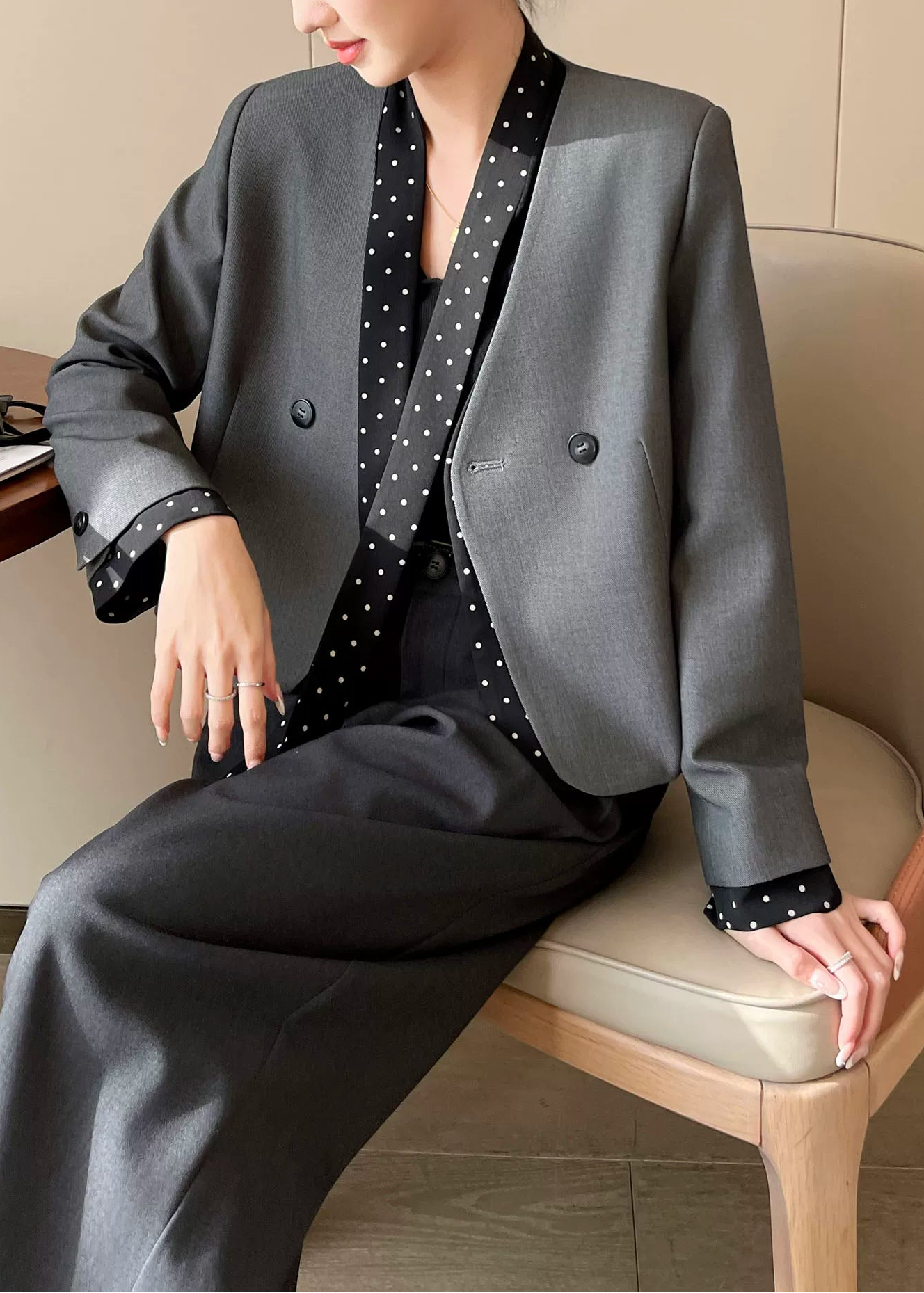 Polka Dot Panel Collarless Jacket　R96