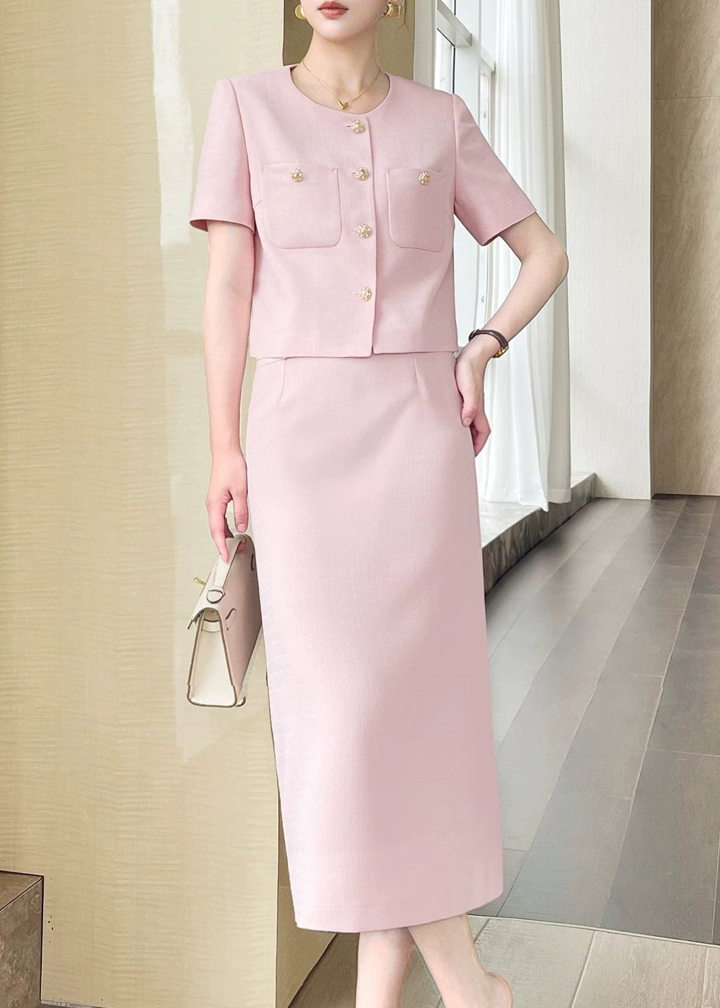 Textured Cropped Jacket & Midi Skirt Set　R137