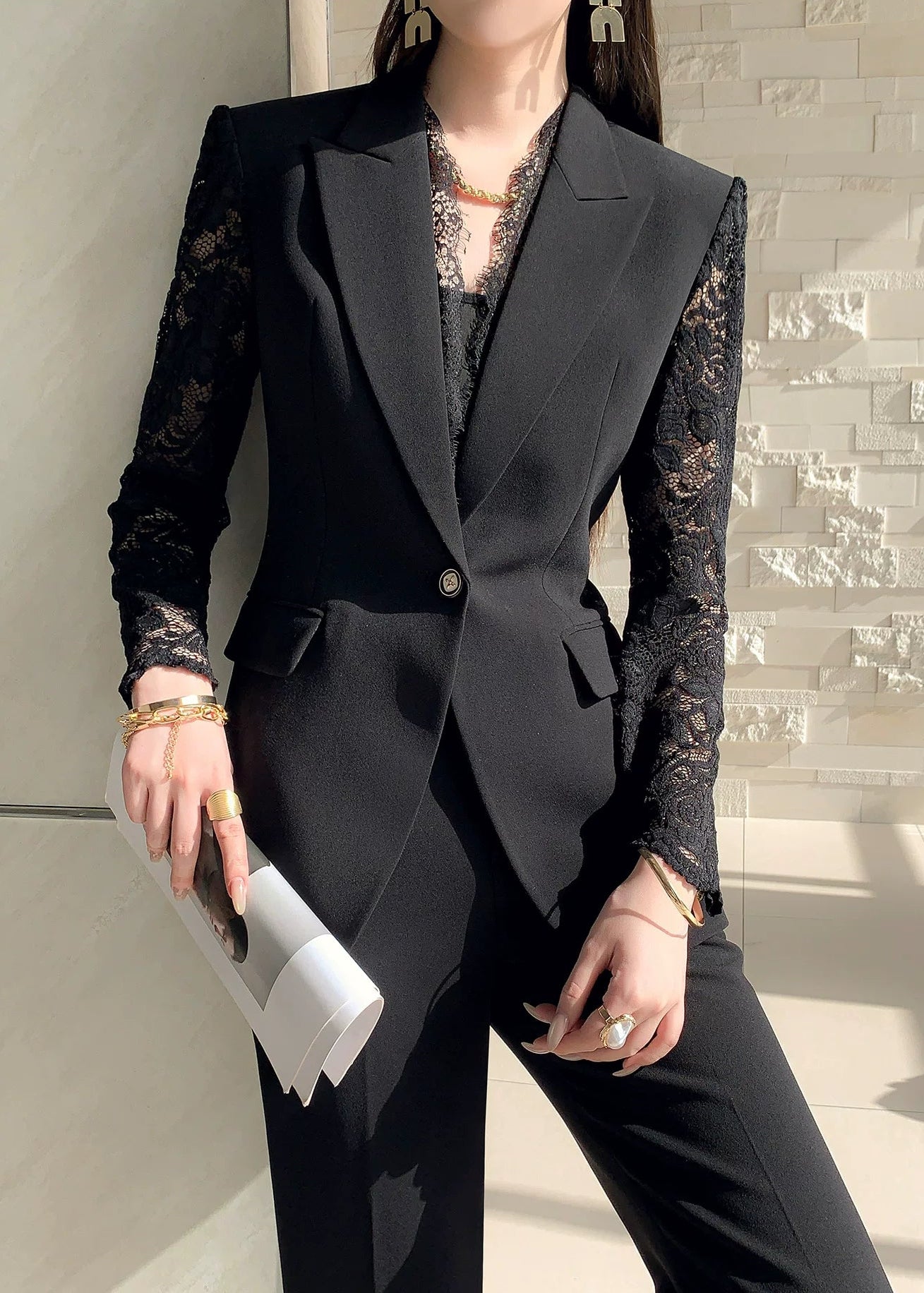Lace Sleeve Black Tailored Suit Set　R93