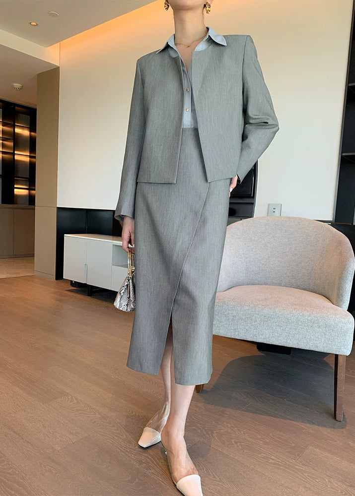 Collarless Jacket & Slit Midi Skirt Suit Set　R102