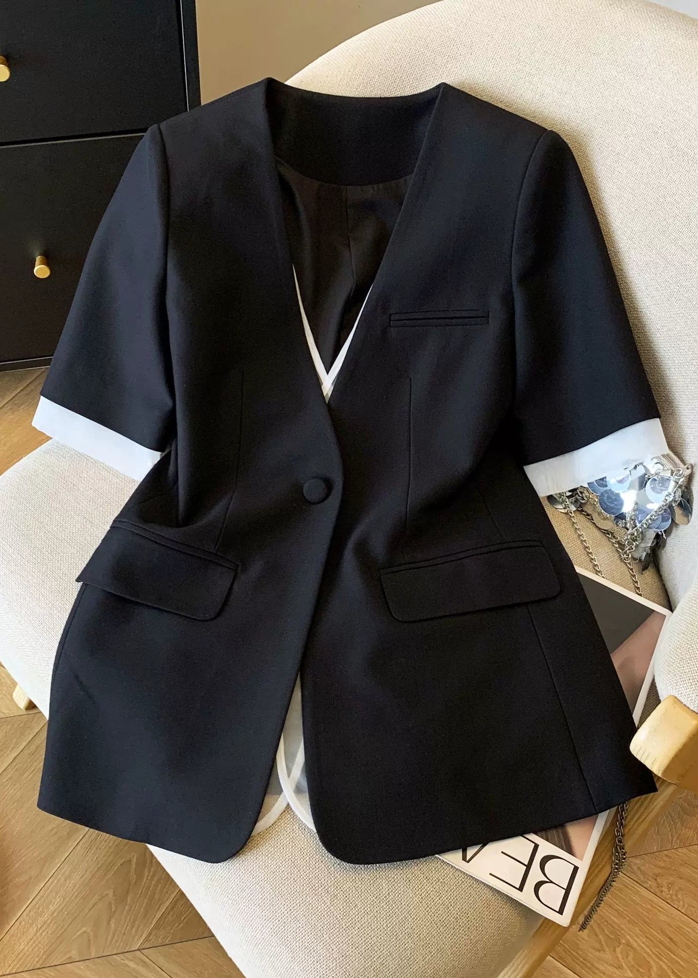 Layered Half Sleeve Collarless Jacket　R133