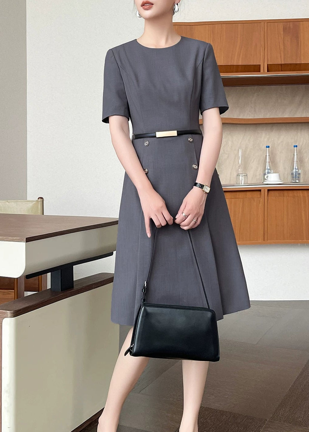 Belted Fit & Flare Midi Dress　R136