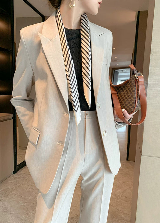 Beige Tailored Jacket & Cropped Straight Pants Suit Set　R103