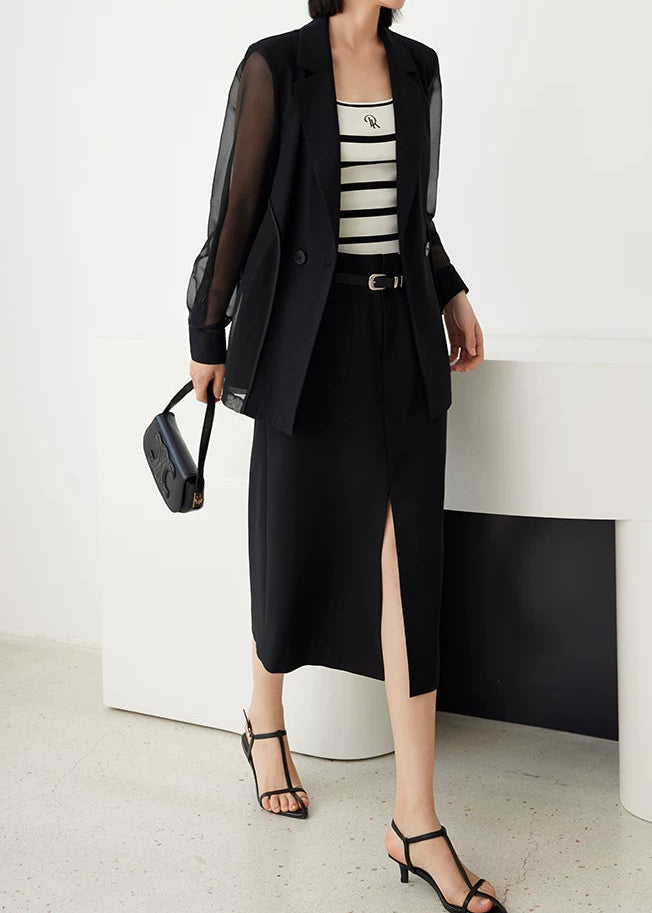 Sheer Sleeve Double-Breasted Blazer　R134