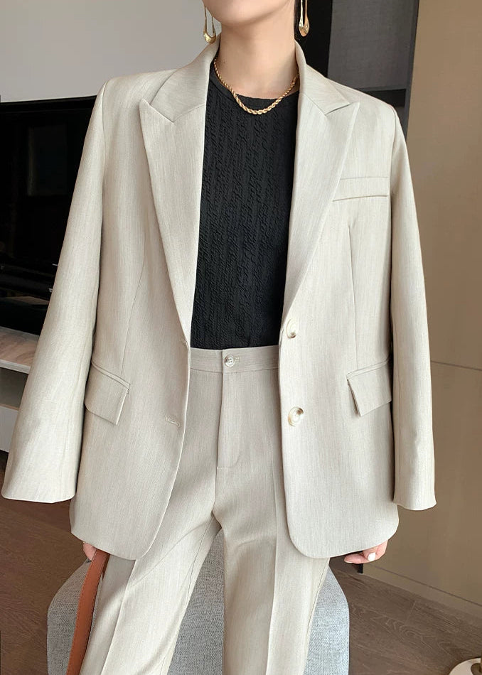 Beige Tailored Jacket & Cropped Straight Pants Suit Set　R103