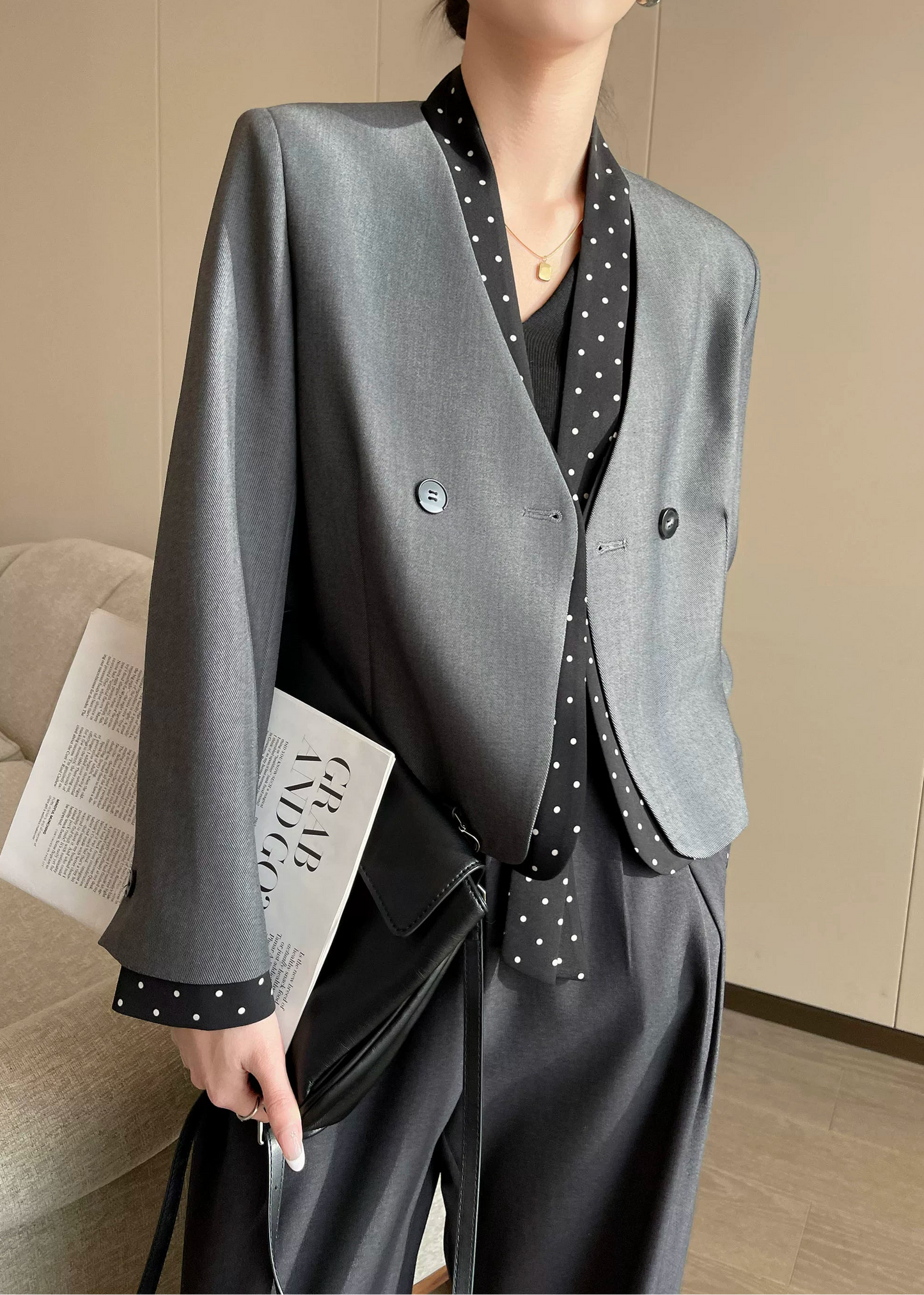 Polka Dot Panel Collarless Jacket　R96