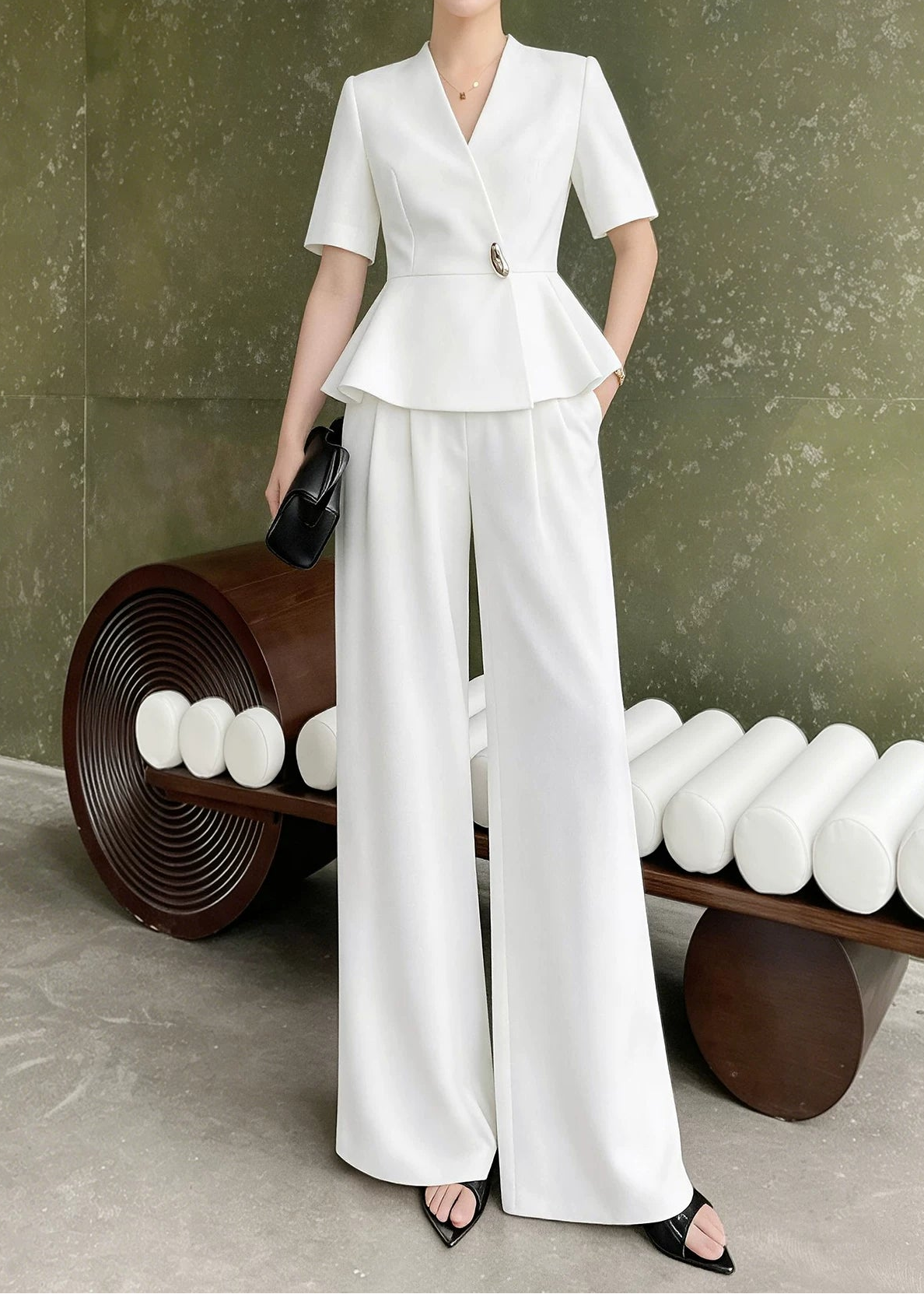 Peplum Wrap Top & Wide-Leg Pants Set　R135