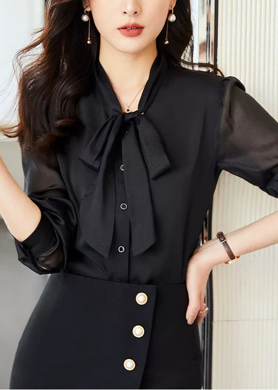 Sheer Sleeve Bow Tie Blouse　R159