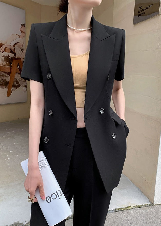 Double-Breasted Short Sleeve Blazer & Wide-Leg Pants Set　R118