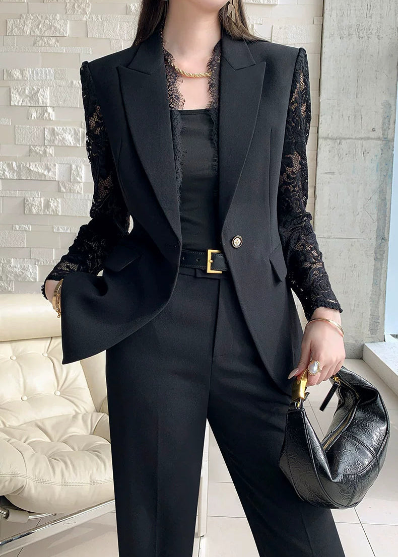Lace Sleeve Black Tailored Suit Set　R93