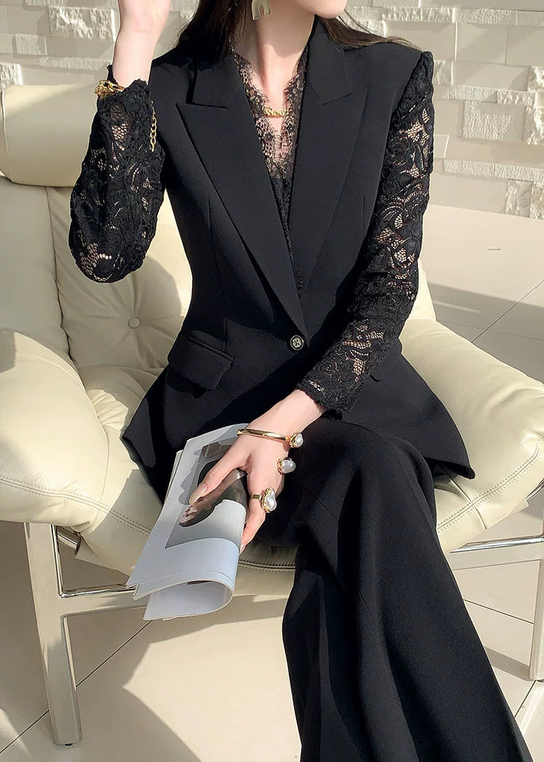 Lace Sleeve Black Tailored Suit Set　R93