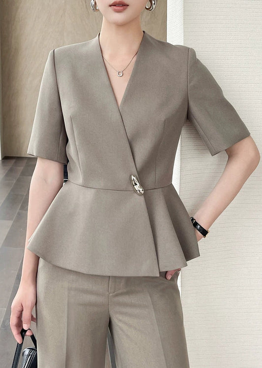 Peplum Wrap Top & Wide-Leg Pants Set　R135