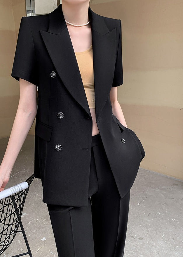 Double-Breasted Short Sleeve Blazer & Wide-Leg Pants Set　R118