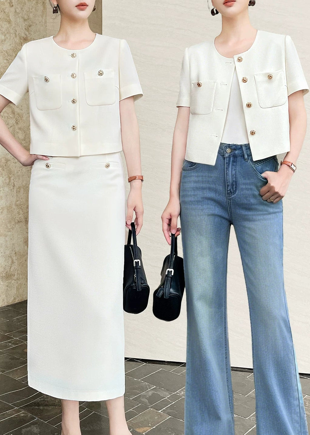Textured Cropped Jacket & Midi Skirt Set　R137