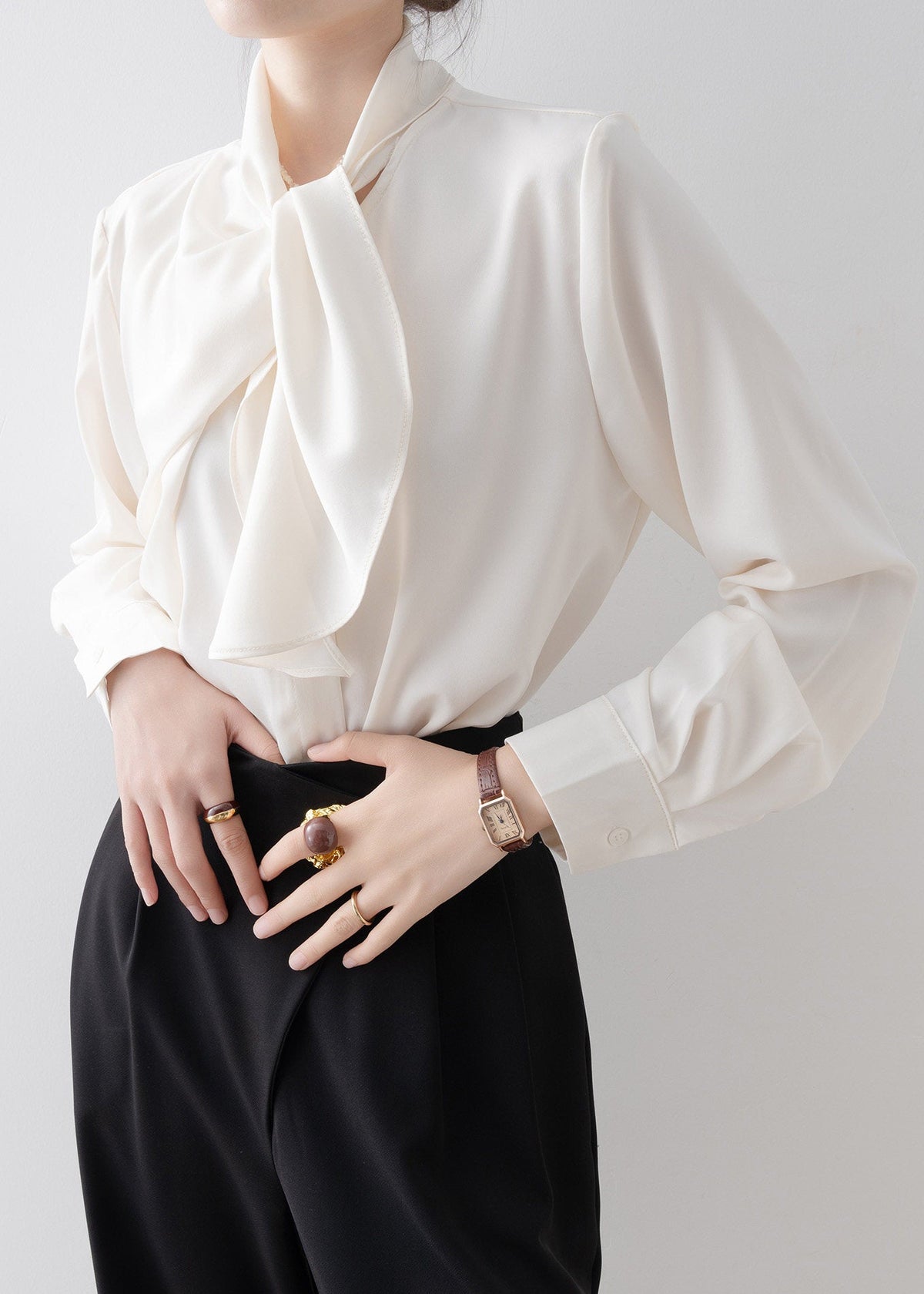 Asymmetric Draped Tie-Neck Blouse　R243