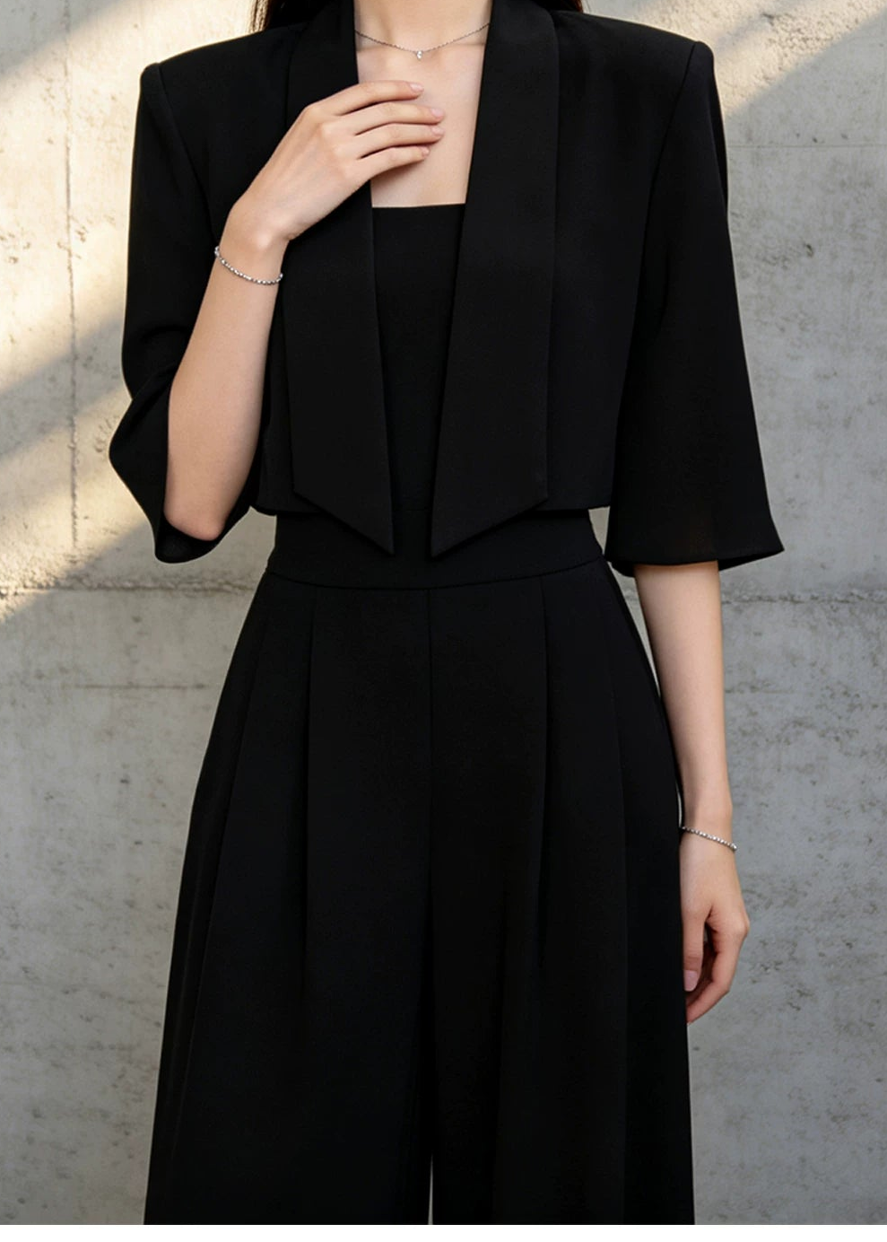 Open-Front Cropped Jacket & Wide-Leg Pants Set　R145