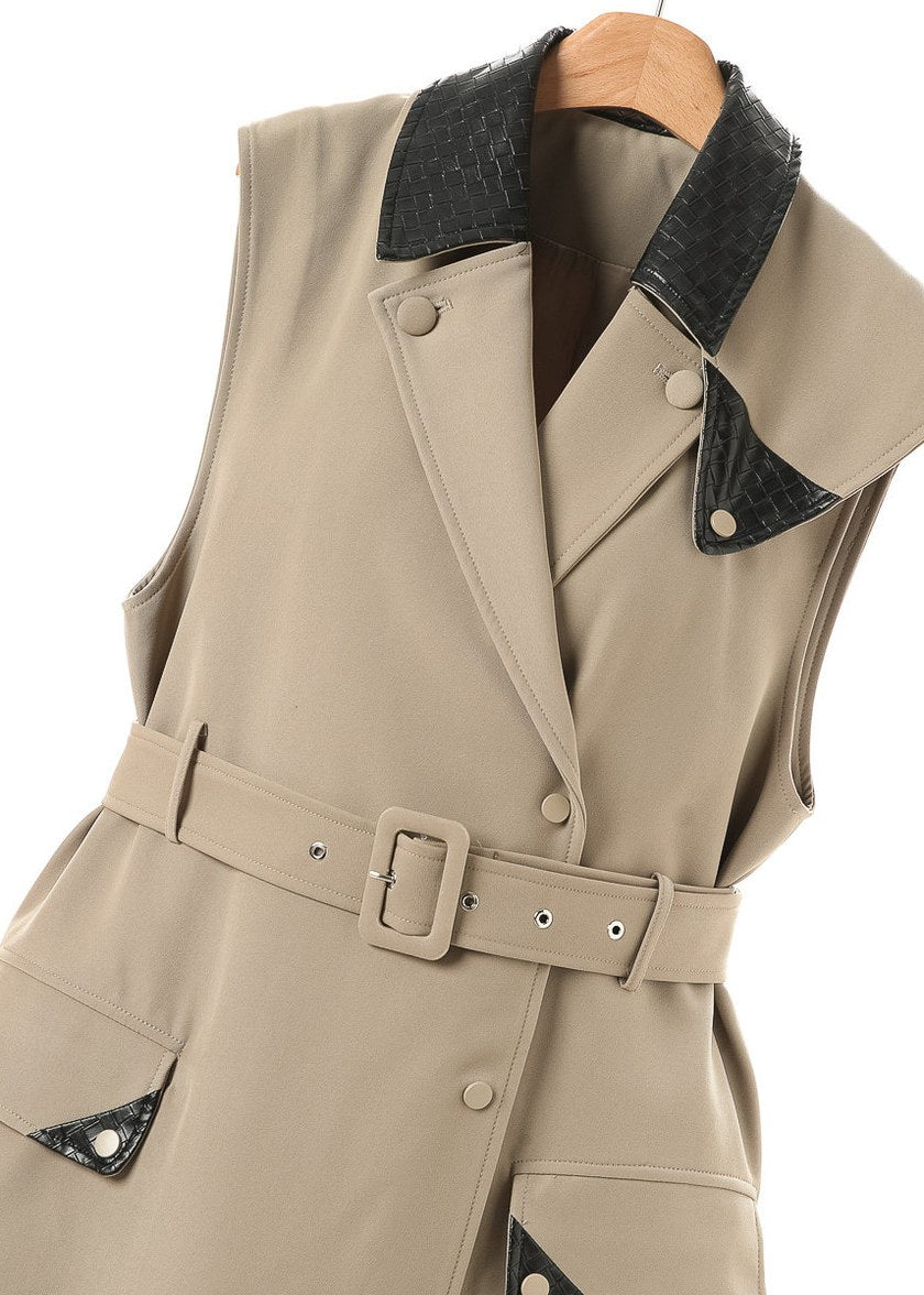 Contrast Collar Belted Long Vest　R164