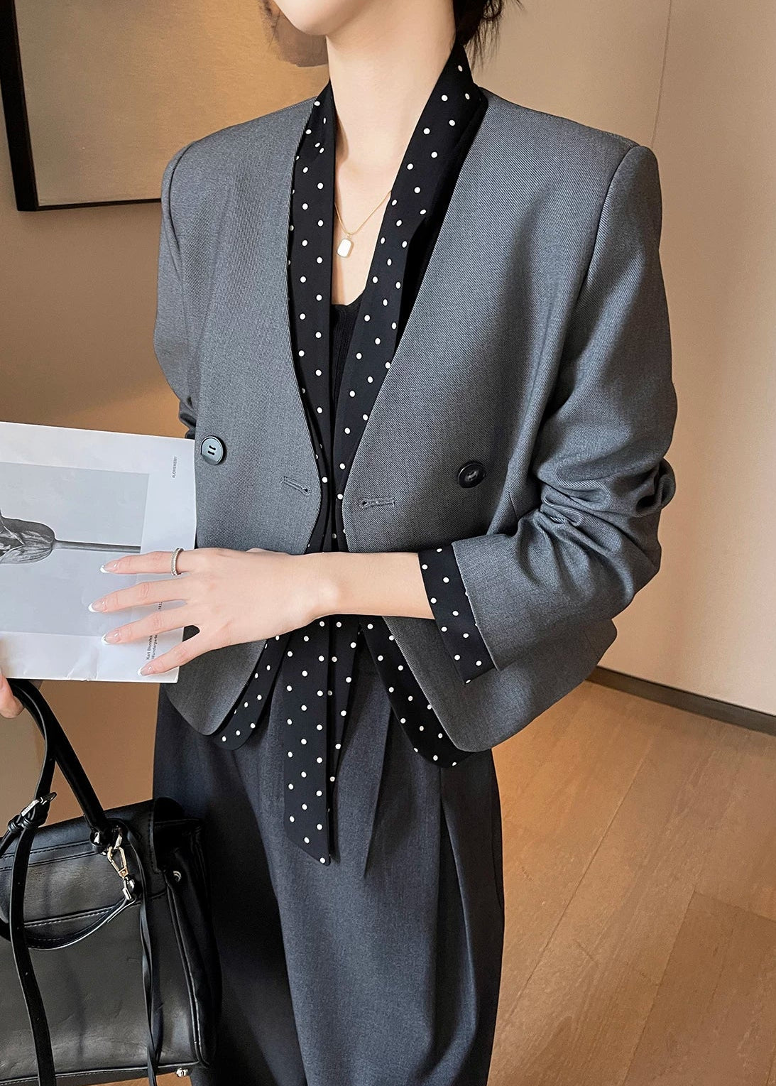 Polka Dot Panel Collarless Jacket　R96