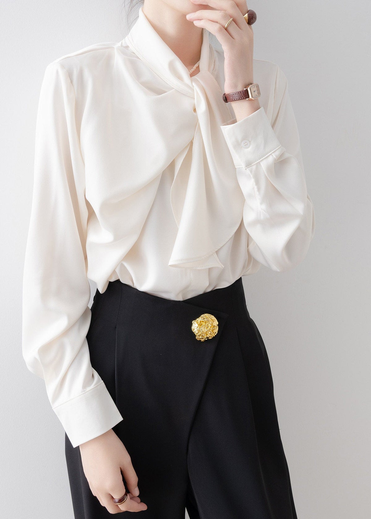Asymmetric Draped Tie-Neck Blouse　R243