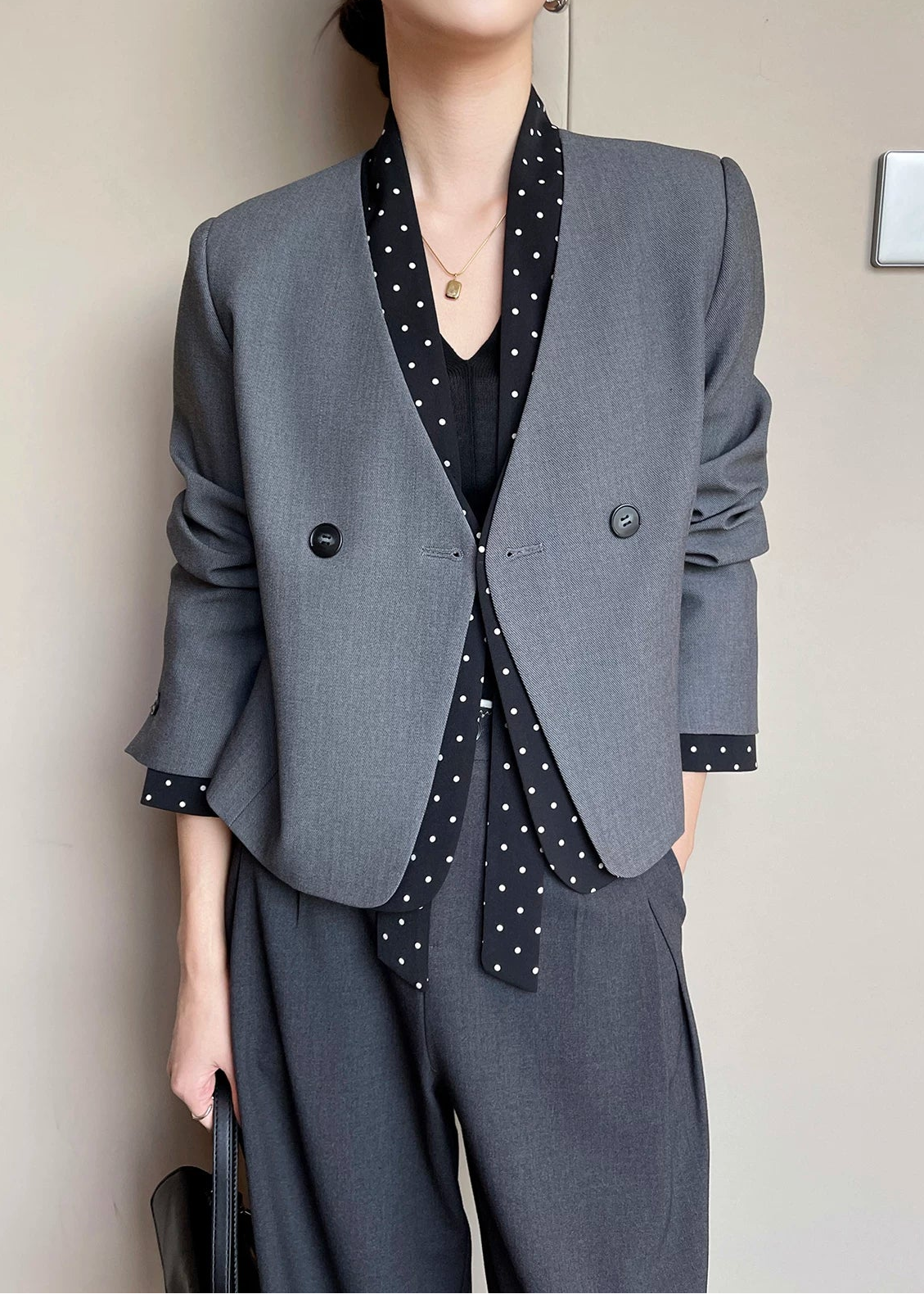 Polka Dot Panel Collarless Jacket　R96