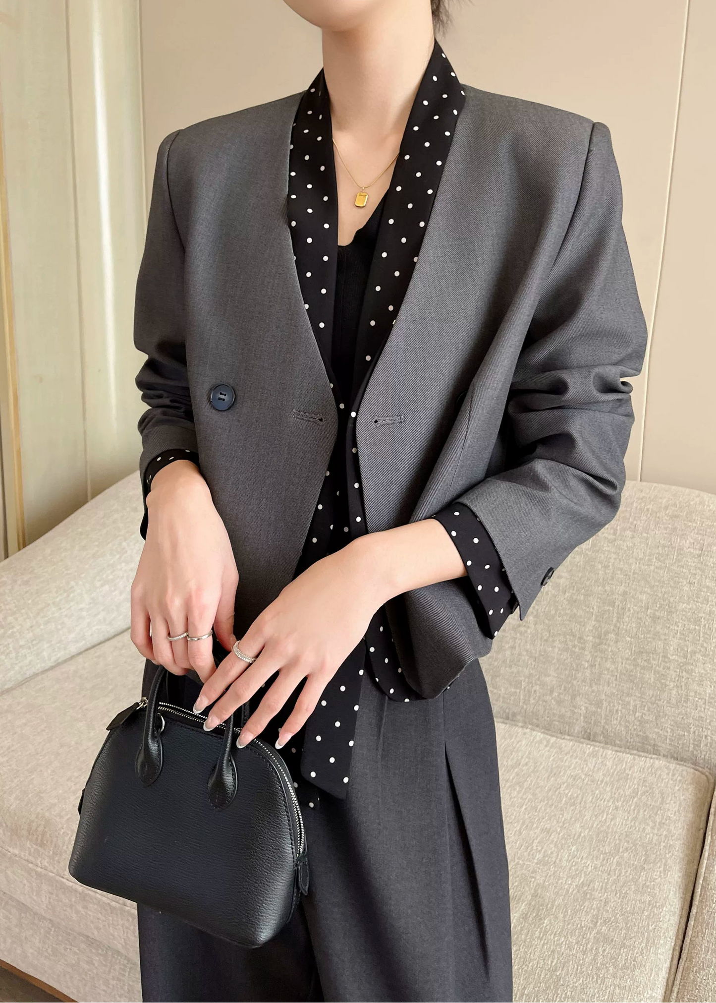 Polka Dot Panel Collarless Jacket　R96