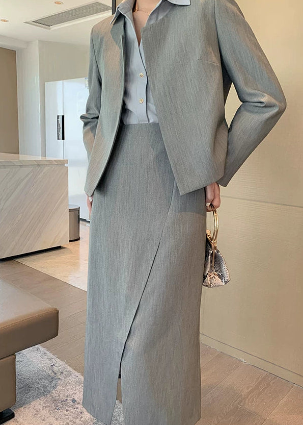 Collarless Jacket & Slit Midi Skirt Suit Set　R102
