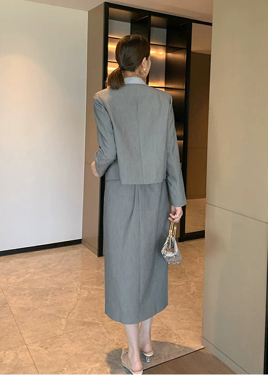 Collarless Jacket & Slit Midi Skirt Suit Set　R102