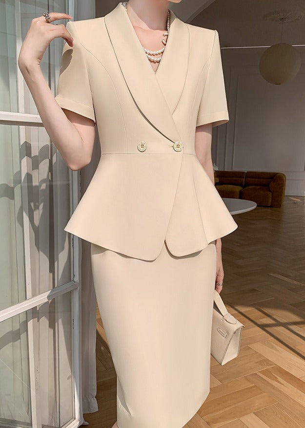 Short Sleeve V-Neck Blazer & Pencil Skirt Set　R114