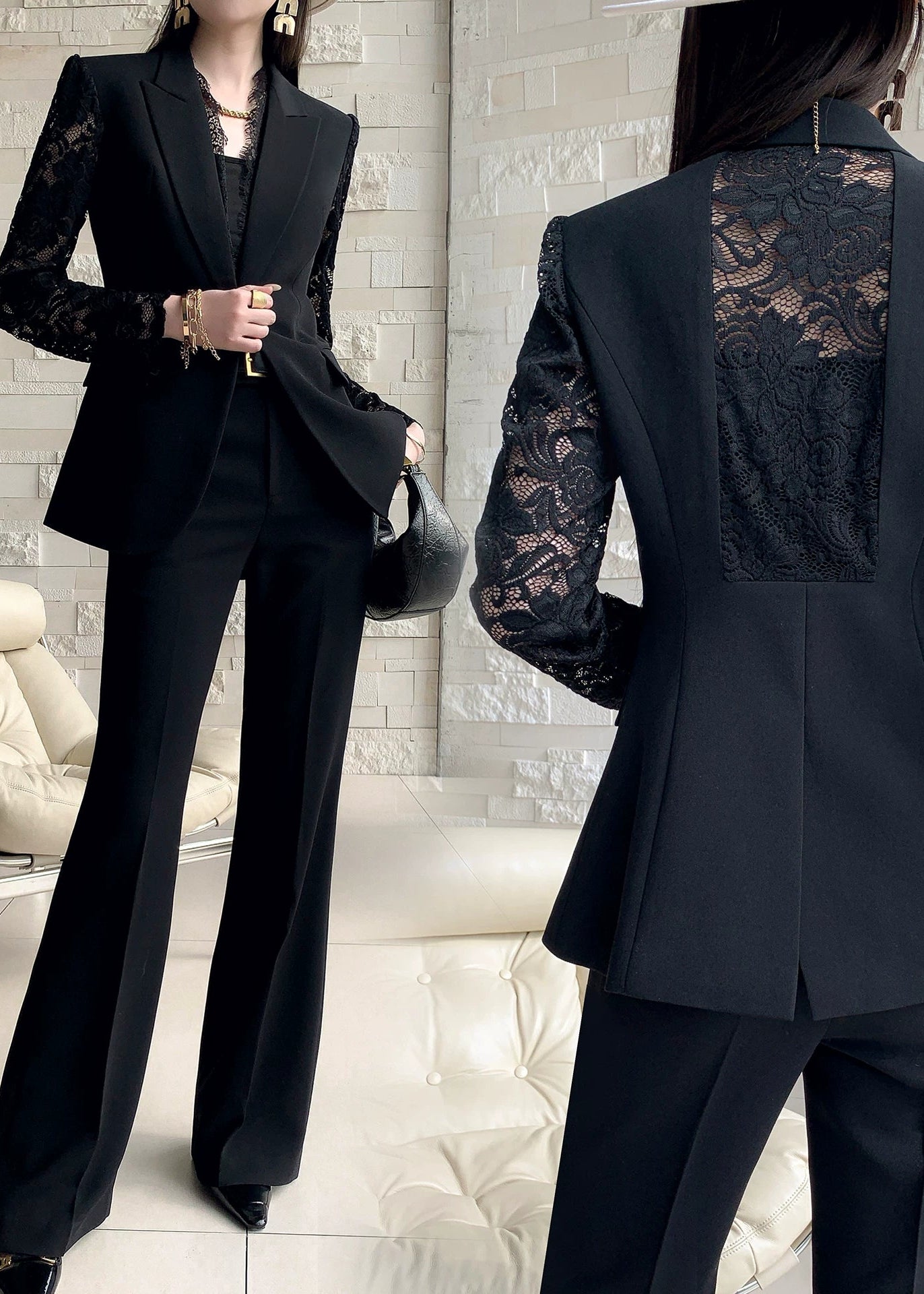 Lace Sleeve Black Tailored Suit Set　R93
