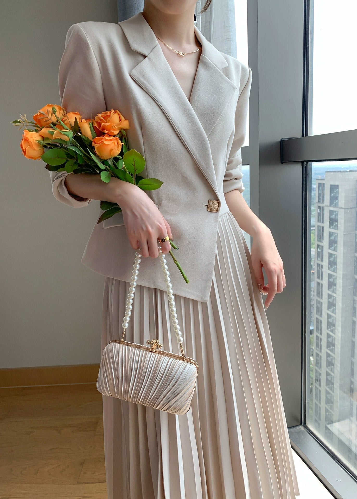 Pleated Combo Tailored Dress　R59