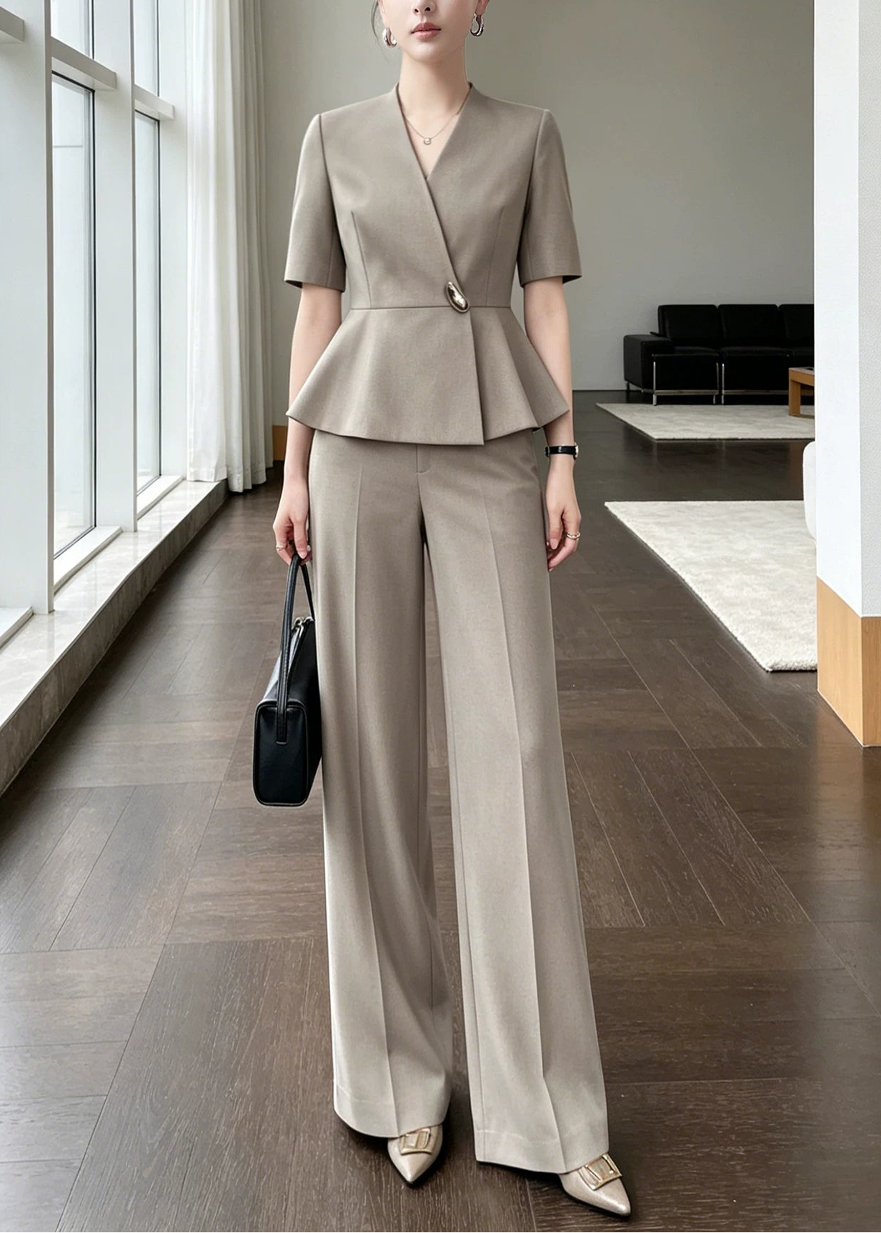 Peplum Wrap Top & Wide-Leg Pants Set　R135