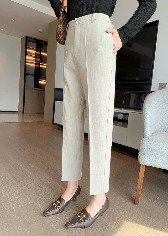 Beige Tailored Jacket & Cropped Straight Pants Suit Set　R103