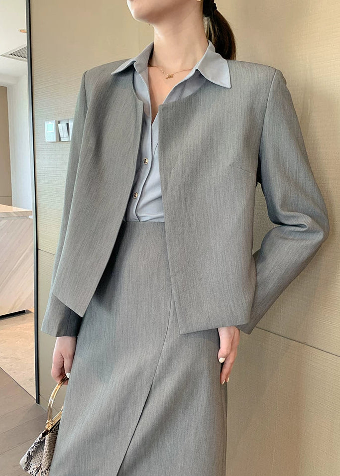Collarless Jacket & Slit Midi Skirt Suit Set　R102