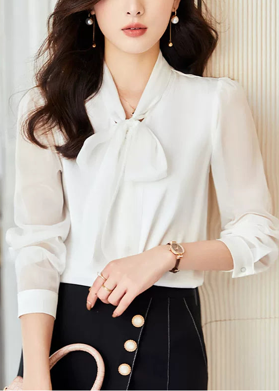 Sheer Sleeve Bow Tie Blouse　R159