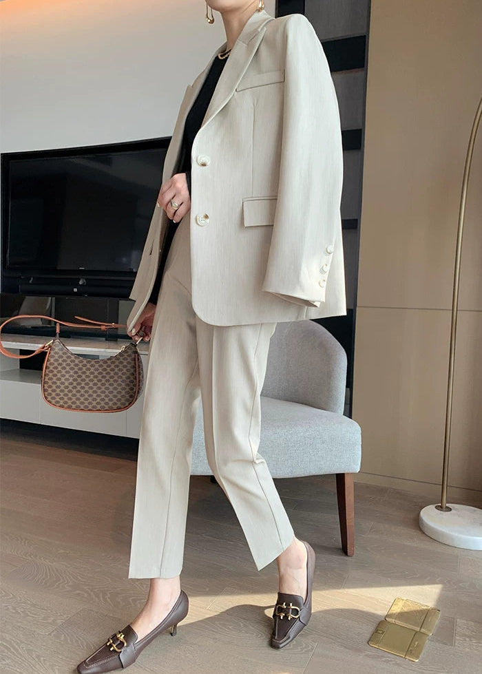 Beige Tailored Jacket & Cropped Straight Pants Suit Set　R103