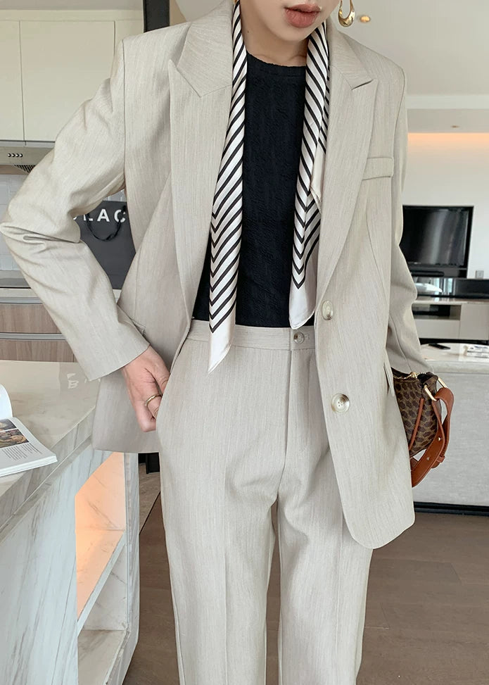 Beige Tailored Jacket & Cropped Straight Pants Suit Set　R103