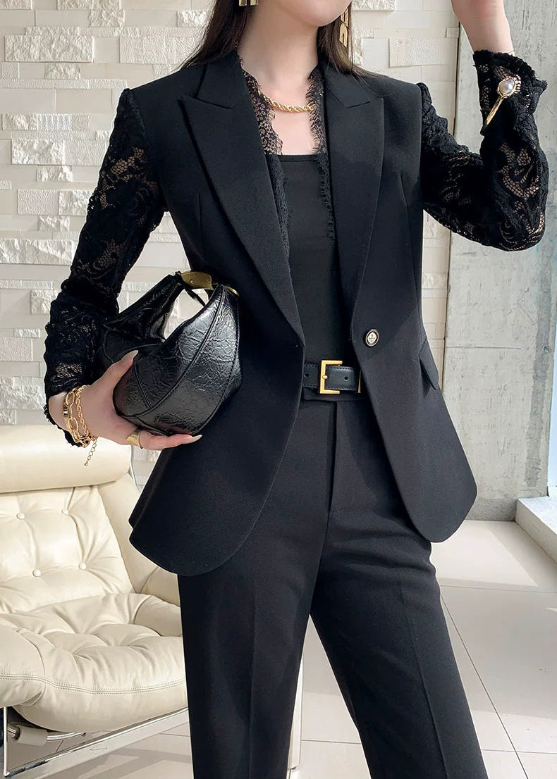 Lace Sleeve Black Tailored Suit Set　R93