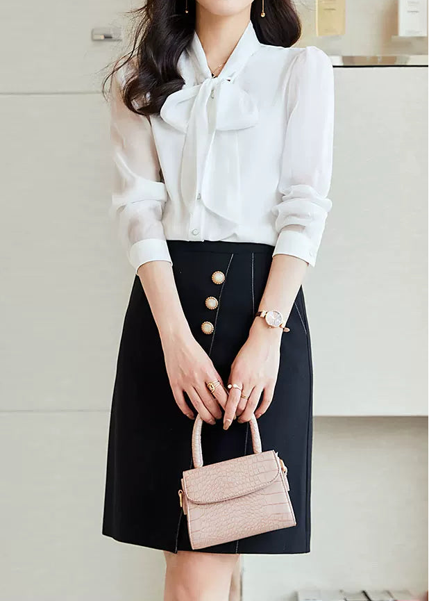 Sheer Sleeve Bow Tie Blouse　R159