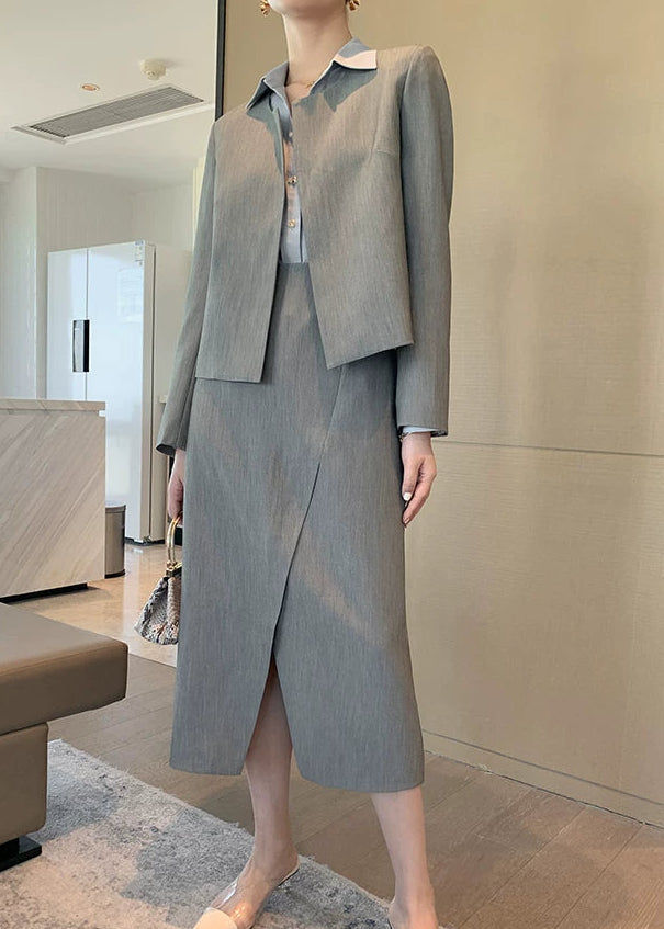 Collarless Jacket & Slit Midi Skirt Suit Set　R102